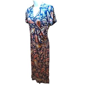 Rafaella Maxi Dress, Paisley Wrap Short Sleeve Dress, Red Blue Casual Spring